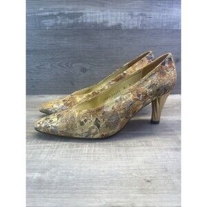Timothy Hitsman Gold Brocade Pumps with Gold Spiral Look Heels Size 8.5 Tapestry